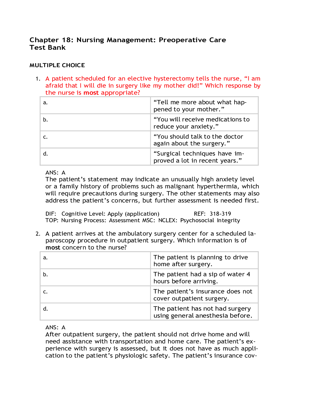 Preview image for Nursing Management: Preoperative Care Test Bank - Newly Updated Complete Solutions, And Score A+